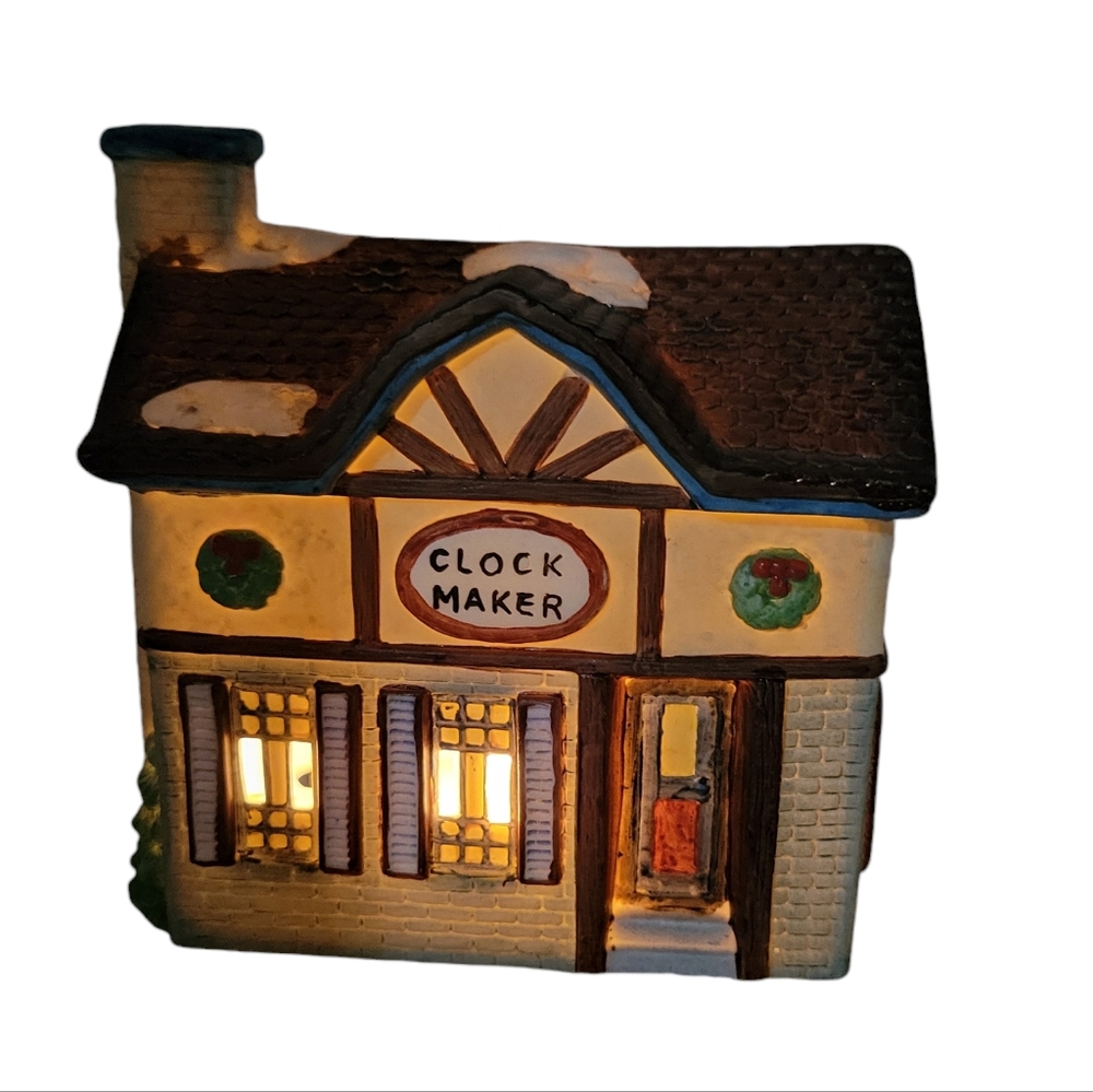 Vtg Americana Porcelain Lighted Christmas Village Clock Maker Shop Colle…